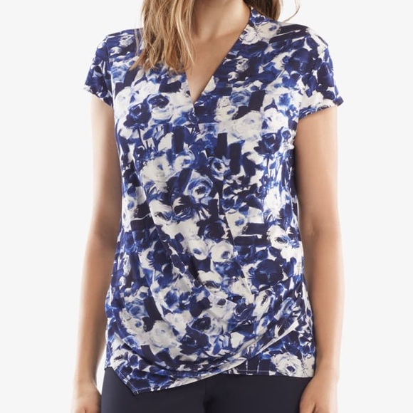 MM Lafleur Tops - The Ferrante Top Floral Crepe Blue/Ivory NWT!